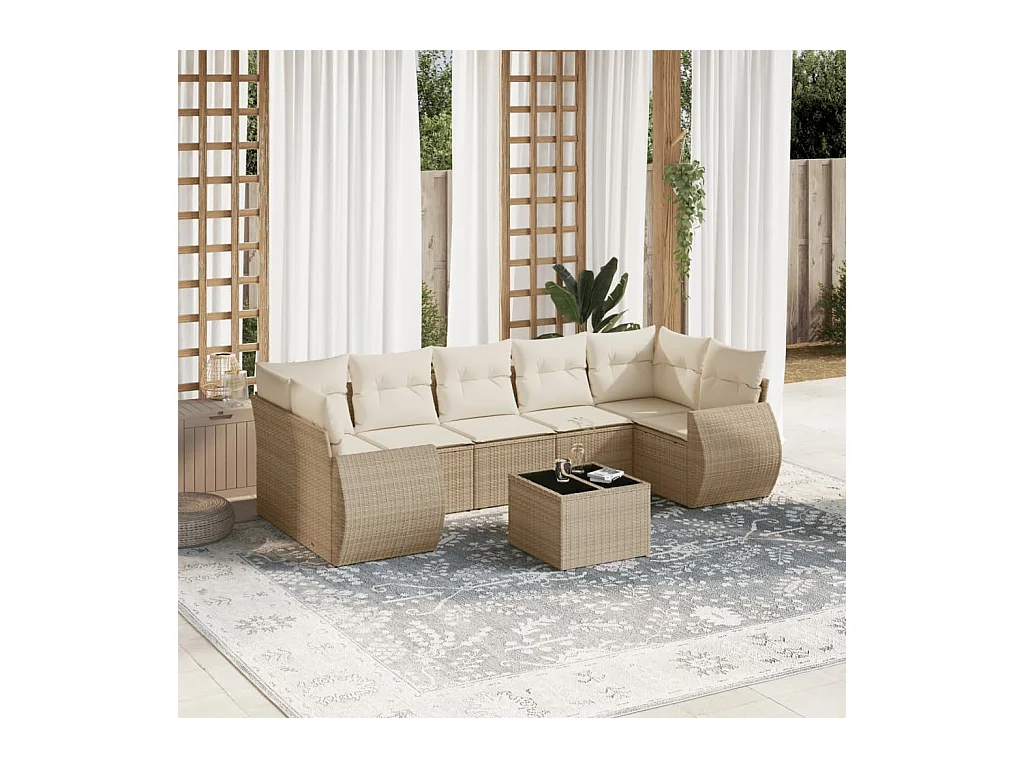 Salon de jardin avec coussins 8 pcs beige résine tressée