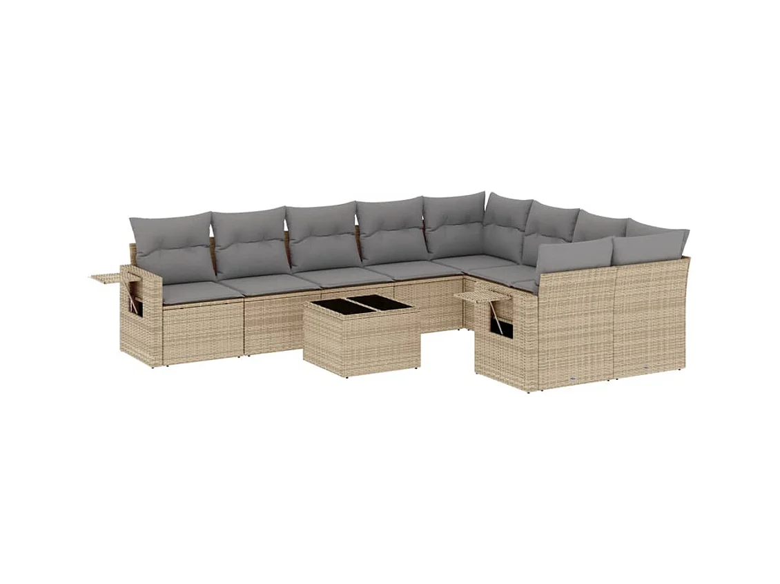 Salon de jardin avec coussins 10 pcs beige résine tressée