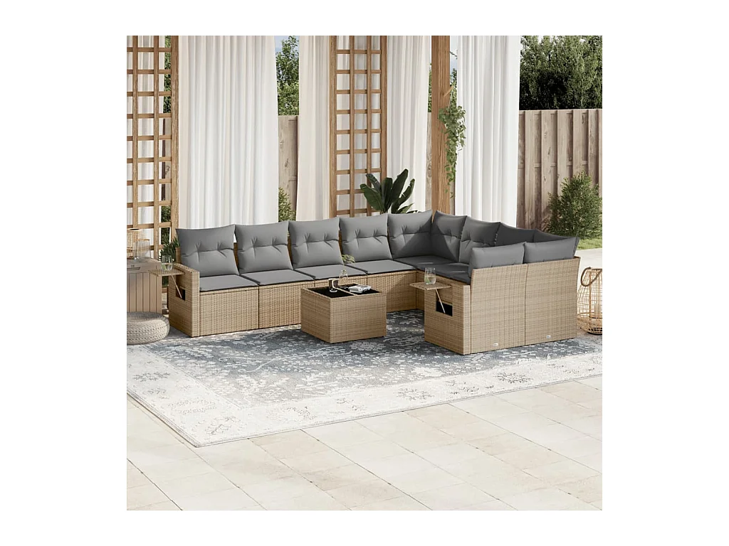 Salon de jardin avec coussins 10 pcs beige résine tressée