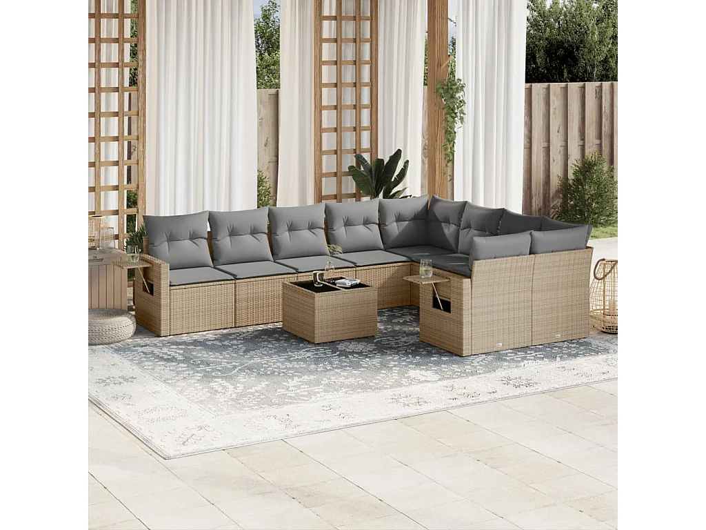 Salon de jardin avec coussins 10 pcs beige résine tressée