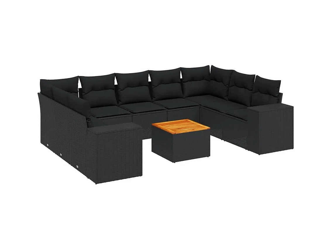 Salon de jardin 10 pcs avec coussins noir résine tressée
