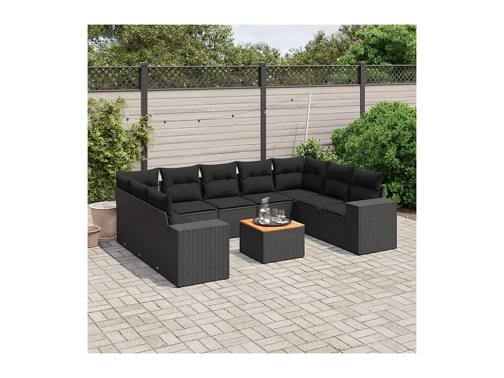 Salon de jardin 10 pcs avec coussins noir résine tressée