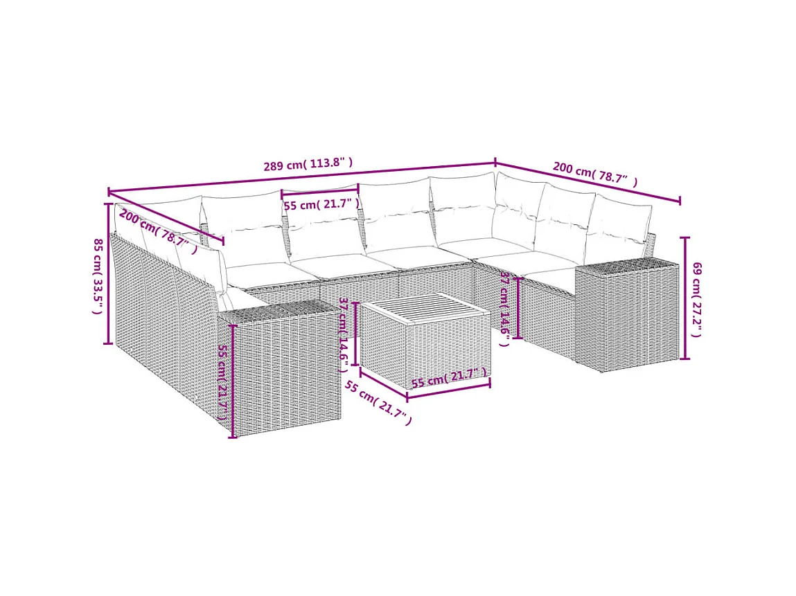 Salon de jardin 10 pcs avec coussins noir résine tressée