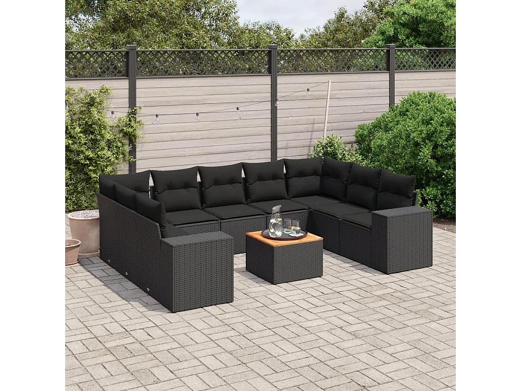 Salon de jardin 10 pcs avec coussins noir résine tressée
