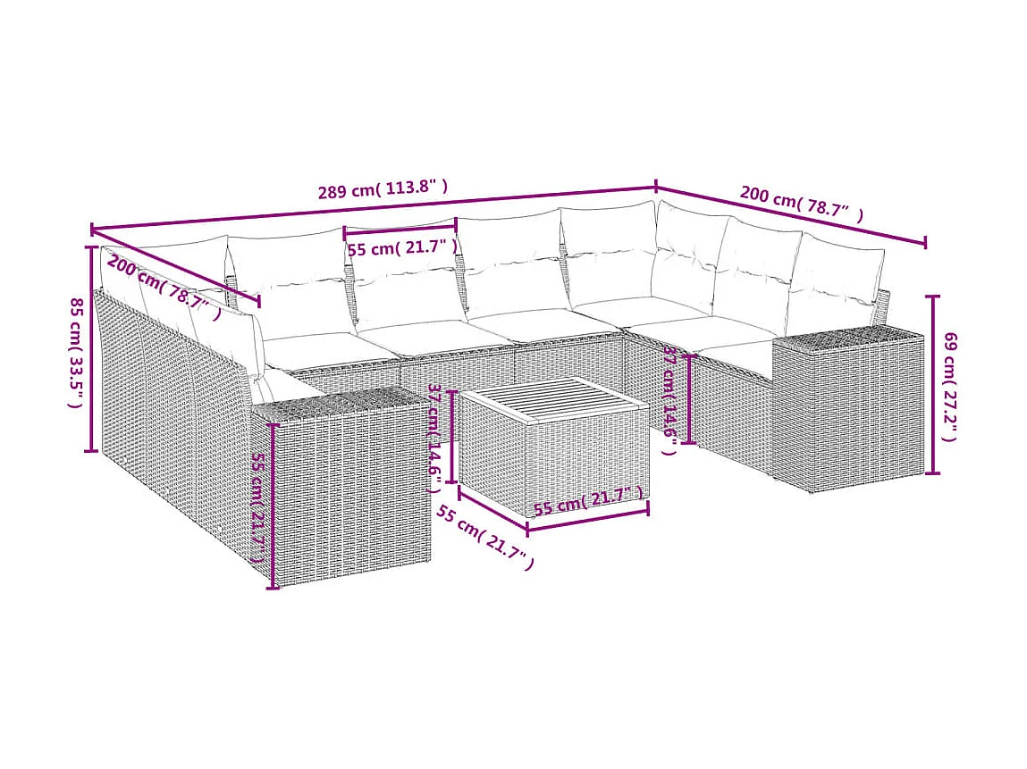 Salon de jardin 10 pcs avec coussins noir résine tressée