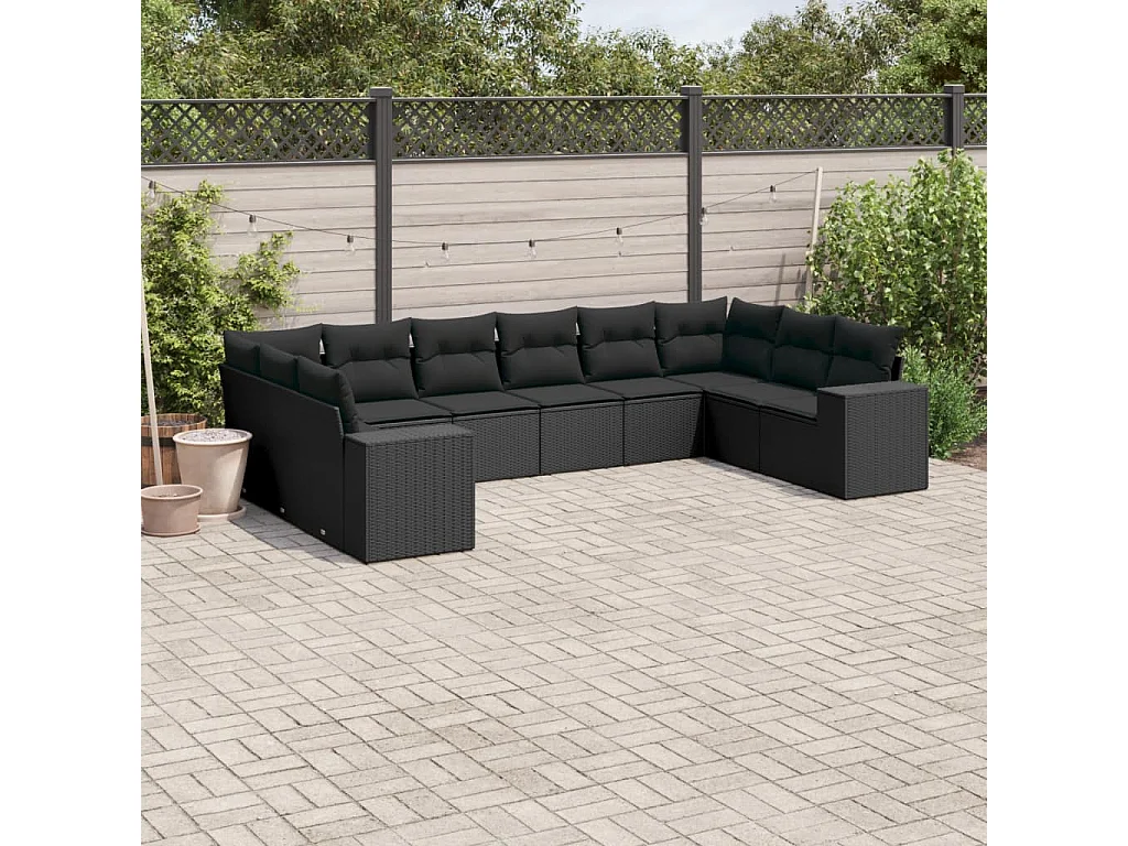 Salon de jardin 10 pcs avec coussins noir résine tressée