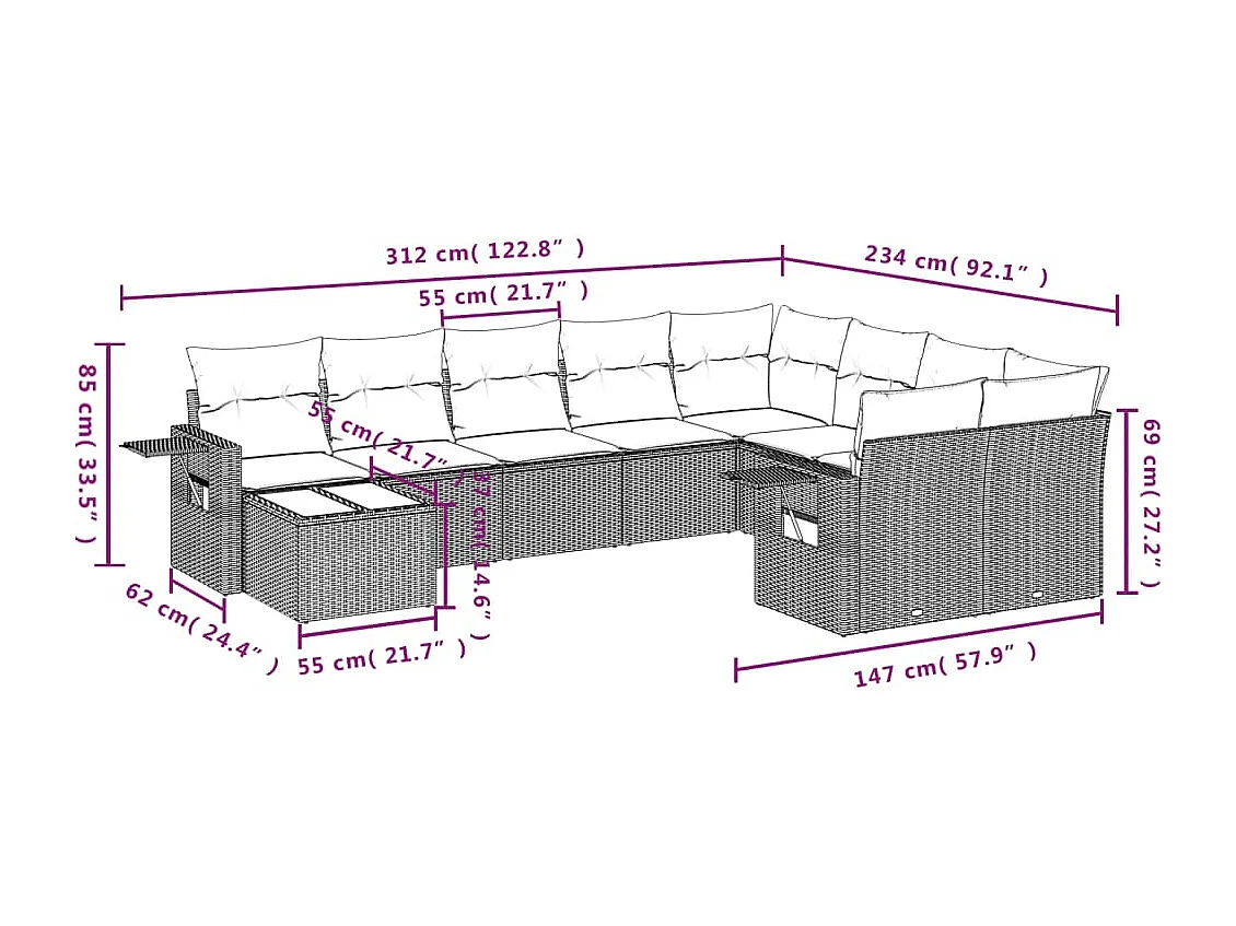 Salon de jardin avec coussins 10 pcs beige résine tressée