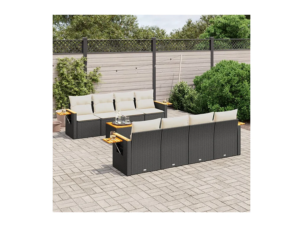 Salon de jardin 9 pcs avec coussins noir résine tressée