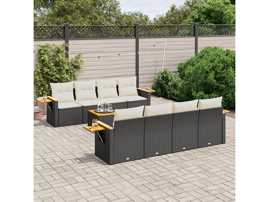 Salon de jardin 9 pcs avec coussins noir résine tressée