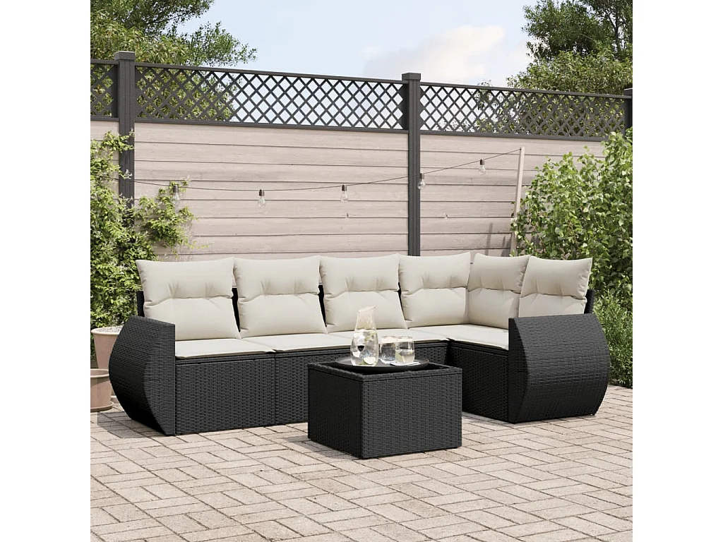 Salon de jardin 6 pcs avec coussins noir résine tressée