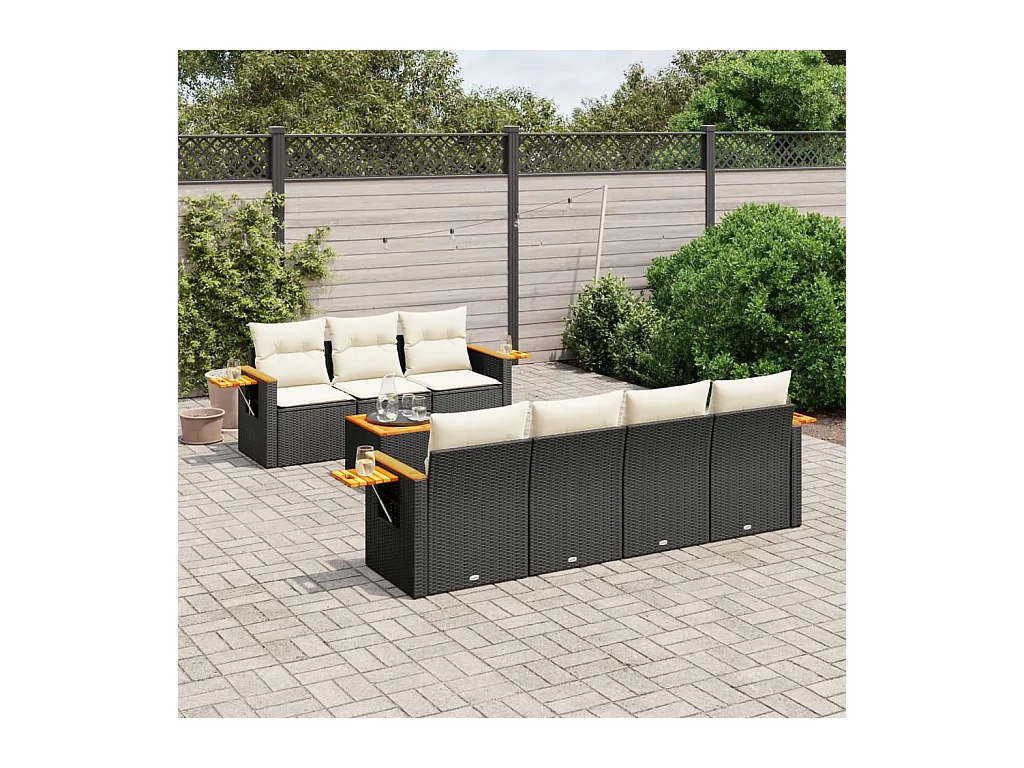 Salon de jardin 8 pcs avec coussins noir résine tressée