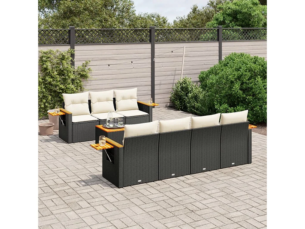 Salon de jardin 8 pcs avec coussins noir résine tressée