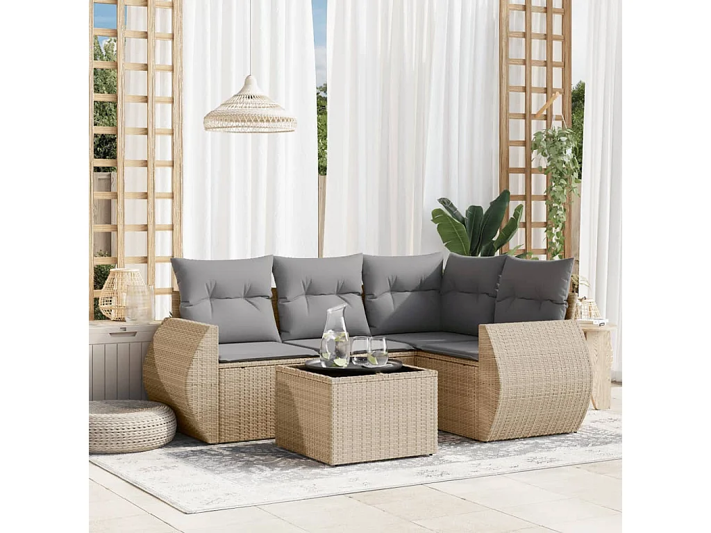 Salon de jardin avec coussins 5 pcs beige résine tressée