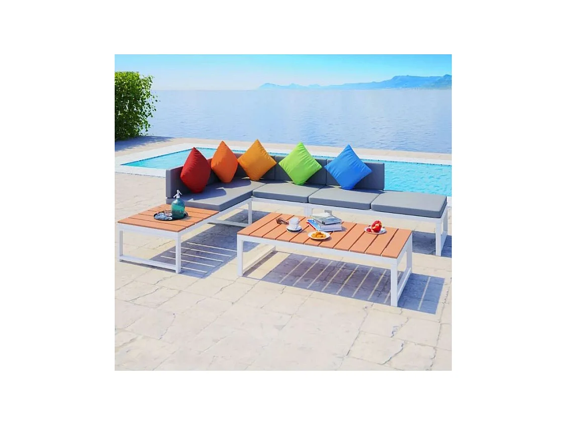 Salon de jardin 4 pièces métal blanc coussins gris Casey