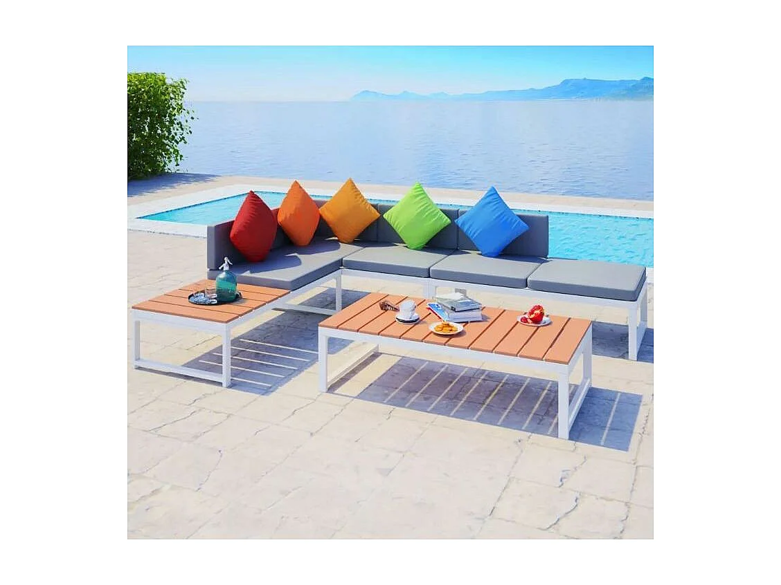 Salon de jardin 4 pièces métal blanc coussins gris Casey