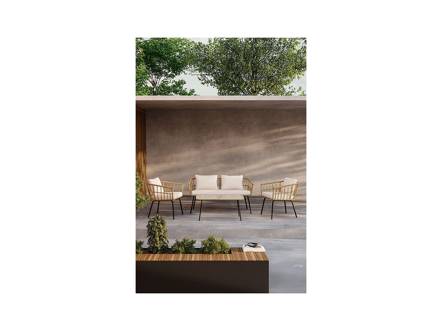 Salon de Jardin 4 Places en Rotin "Ortigia" 142cm Naturel