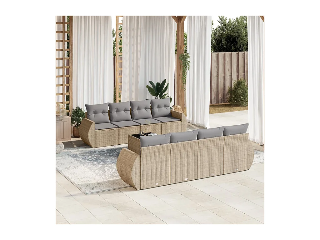 Salon de jardin avec coussins 9 pcs beige résine tressée