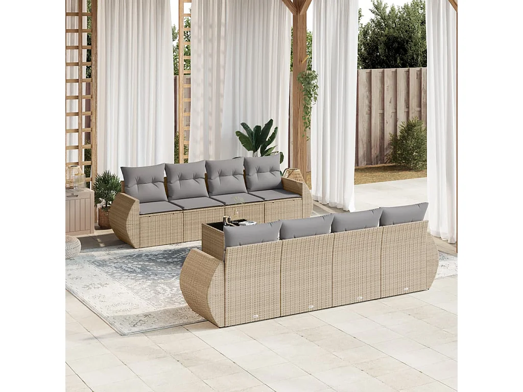 Salon de jardin avec coussins 9 pcs beige résine tressée