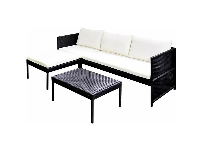 Salon de jardin 1 canapé résine tressée noir coussins blanc Kesaria