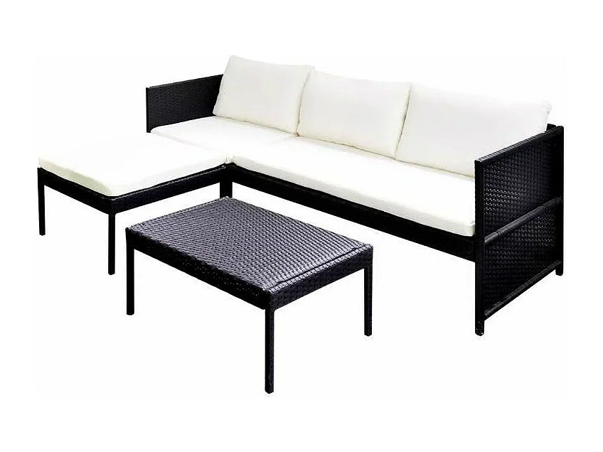 Salon de jardin 1 canapé résine tressée noir coussins blanc Kesaria