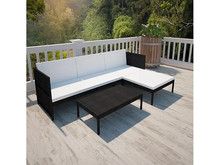 Salon de jardin 1 canapé résine tressée noir coussins blanc Kesaria