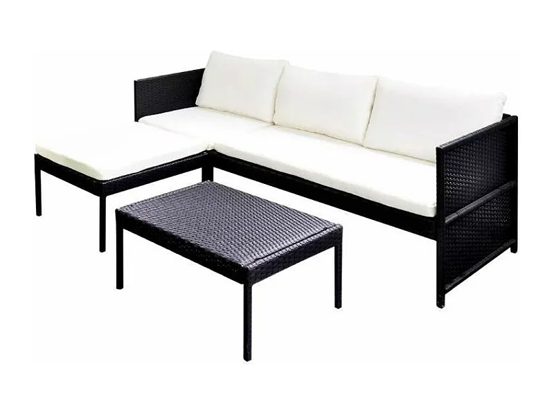 Salon de jardin 1 canapé résine tressée noir coussins blanc Kesaria