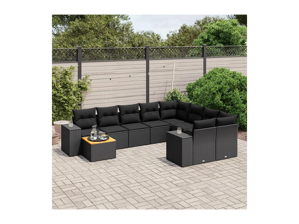 Salon de jardin 10 pcs avec coussins noir résine tressée