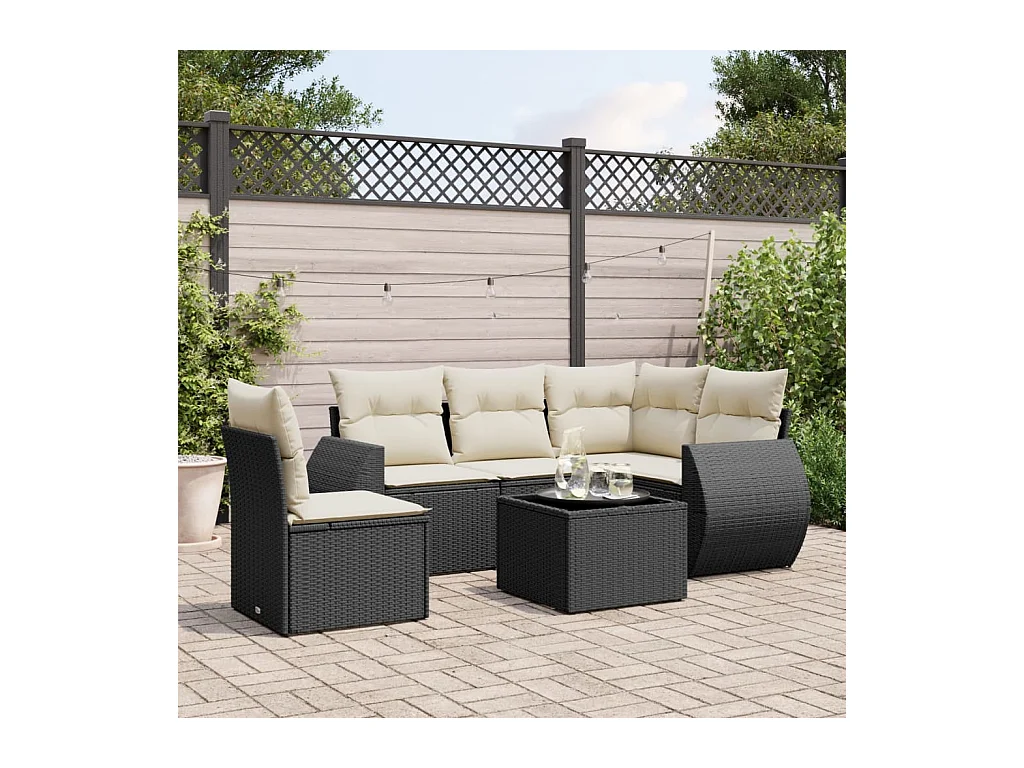 Salon de jardin 6 pcs avec coussins noir résine tressée