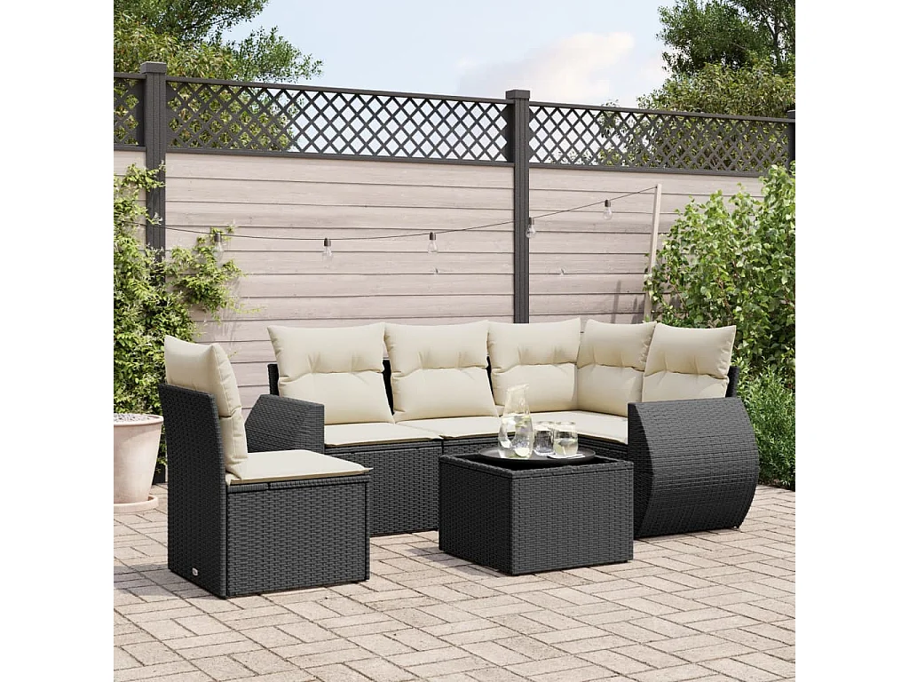 Salon de jardin 6 pcs avec coussins noir résine tressée