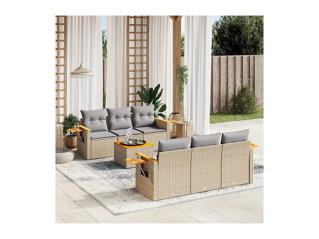 Salon de jardin avec coussins 7 pcs beige résine tressée