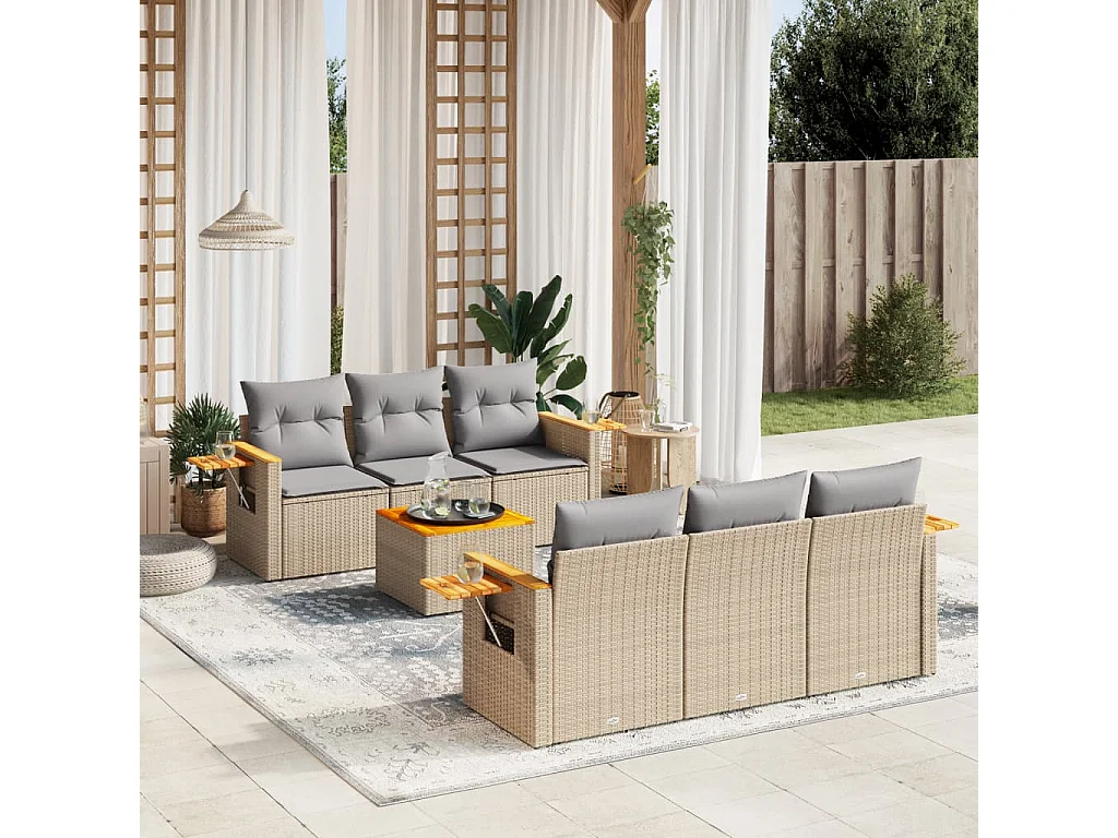 Salon de jardin avec coussins 7 pcs beige résine tressée