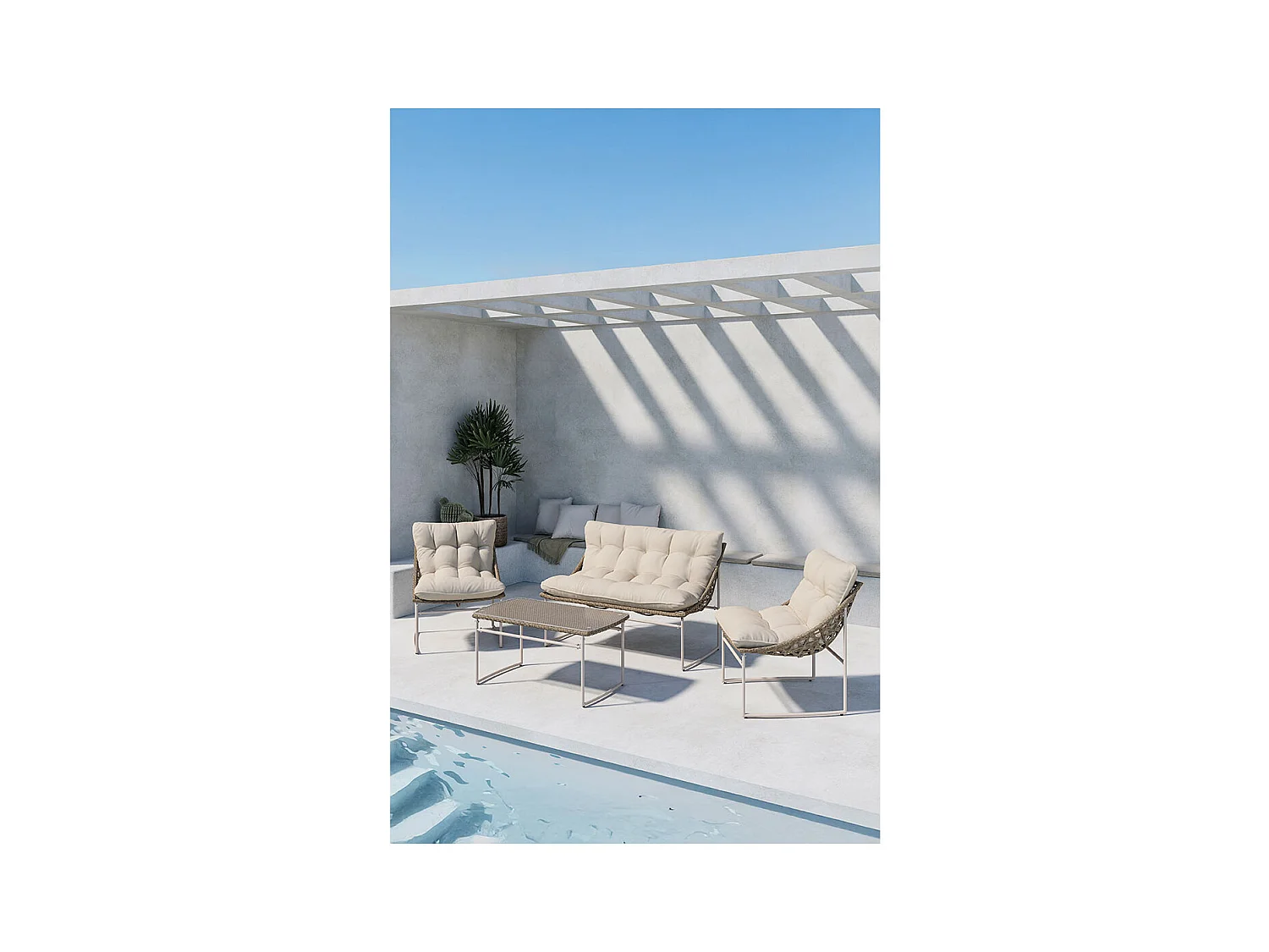 Salon de Jardin en Rotin 4 Places "Tina" 118cm Beige