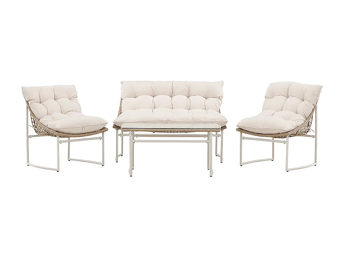 Tinasalon 1 table basse, 1 canapé, 2 fauteuils beiges.