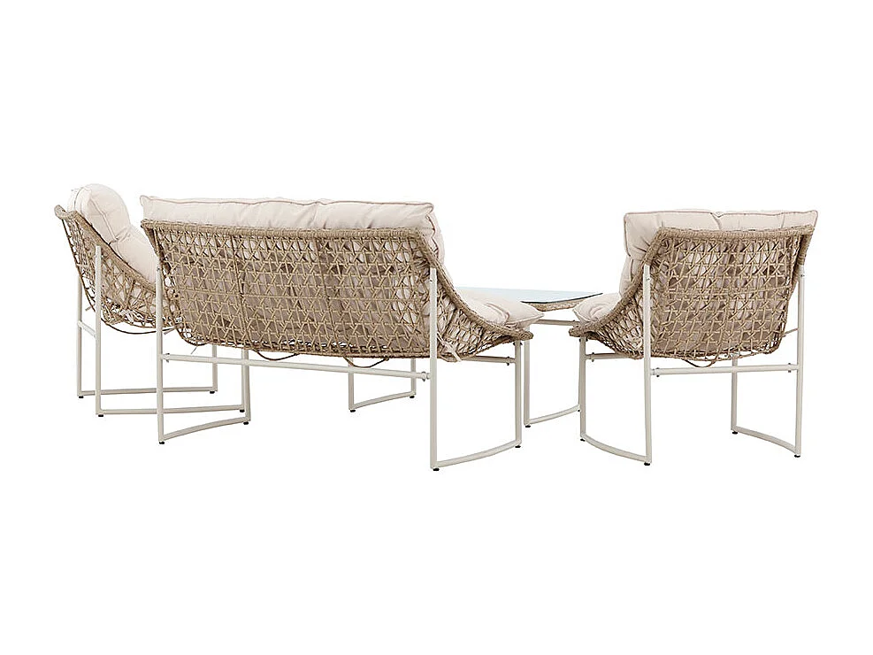 Tinasalon 1 table basse, 1 canapé, 2 fauteuils beiges.
