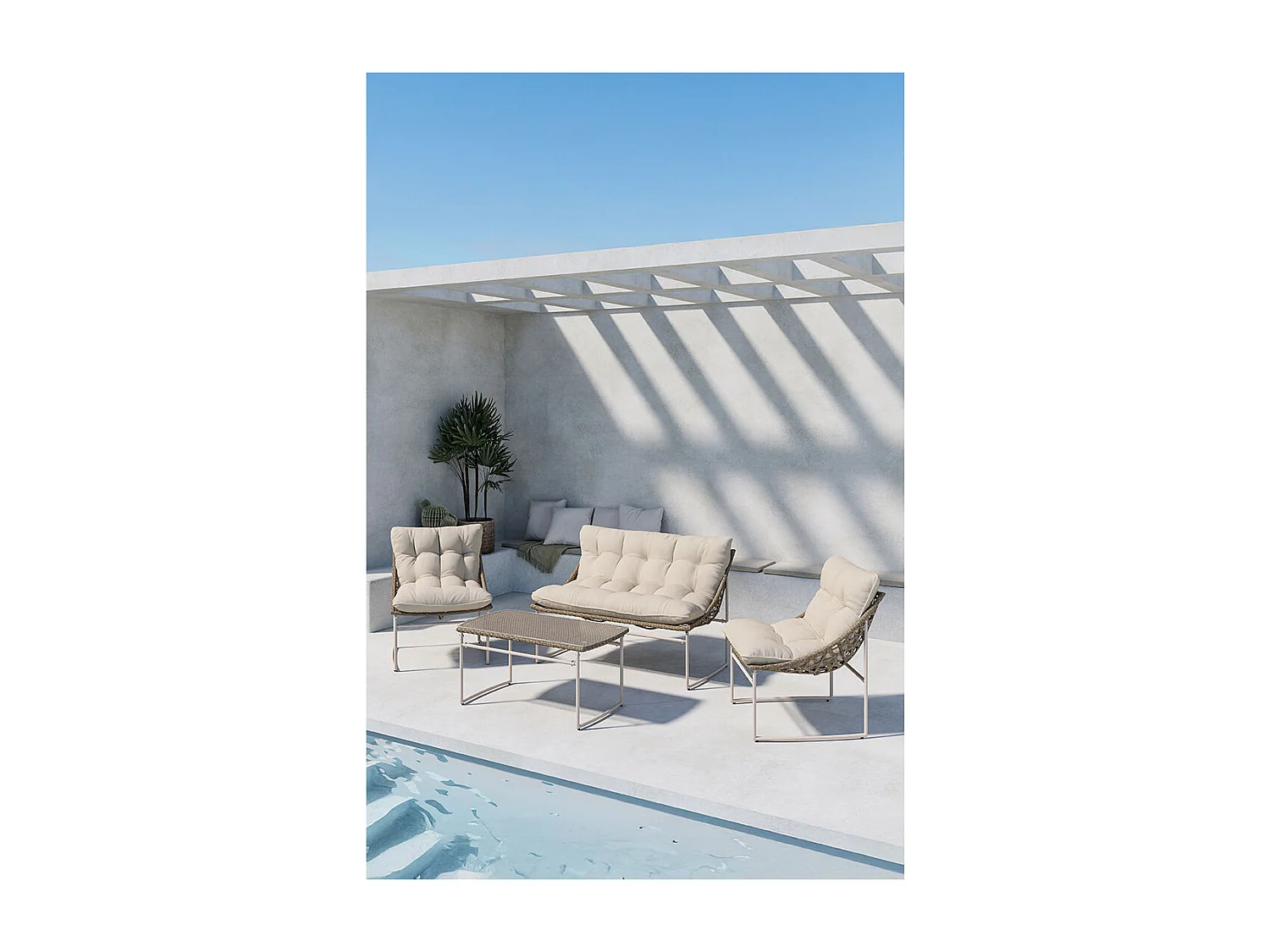 Tinasalon 1 table basse, 1 canapé, 2 fauteuils beiges.
