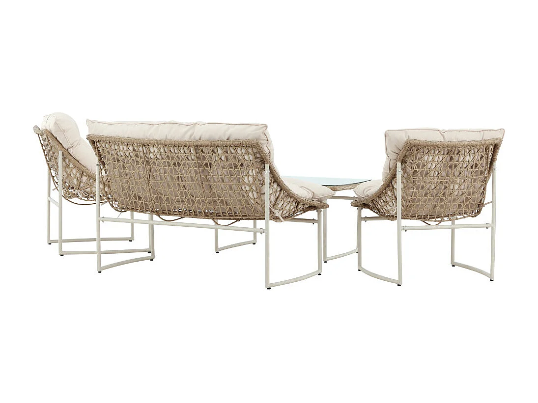 Tinasalon 1 table basse, 1 canapé, 2 fauteuils beiges.