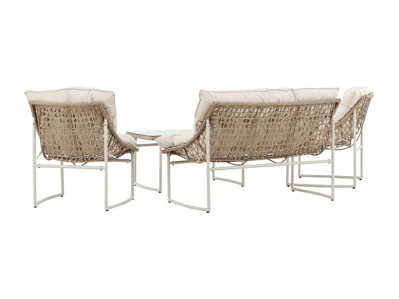 Tinasalon 1 table basse, 1 canapé, 2 fauteuils beiges.