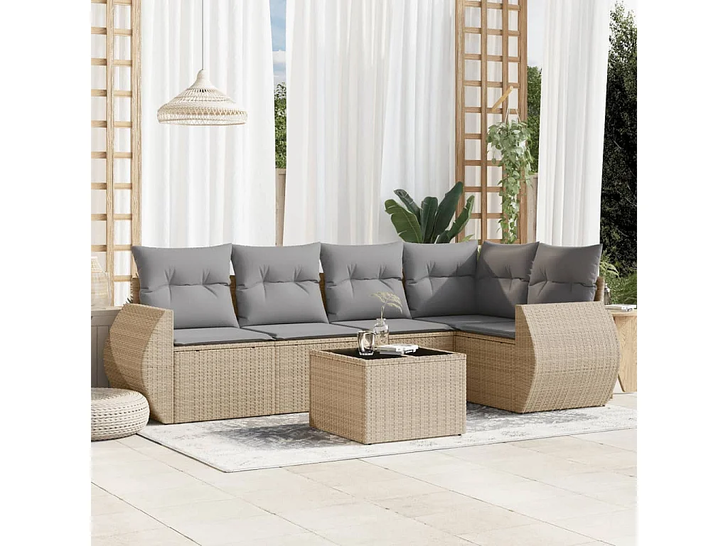 Salon de jardin avec coussins 6 pcs beige résine tressée