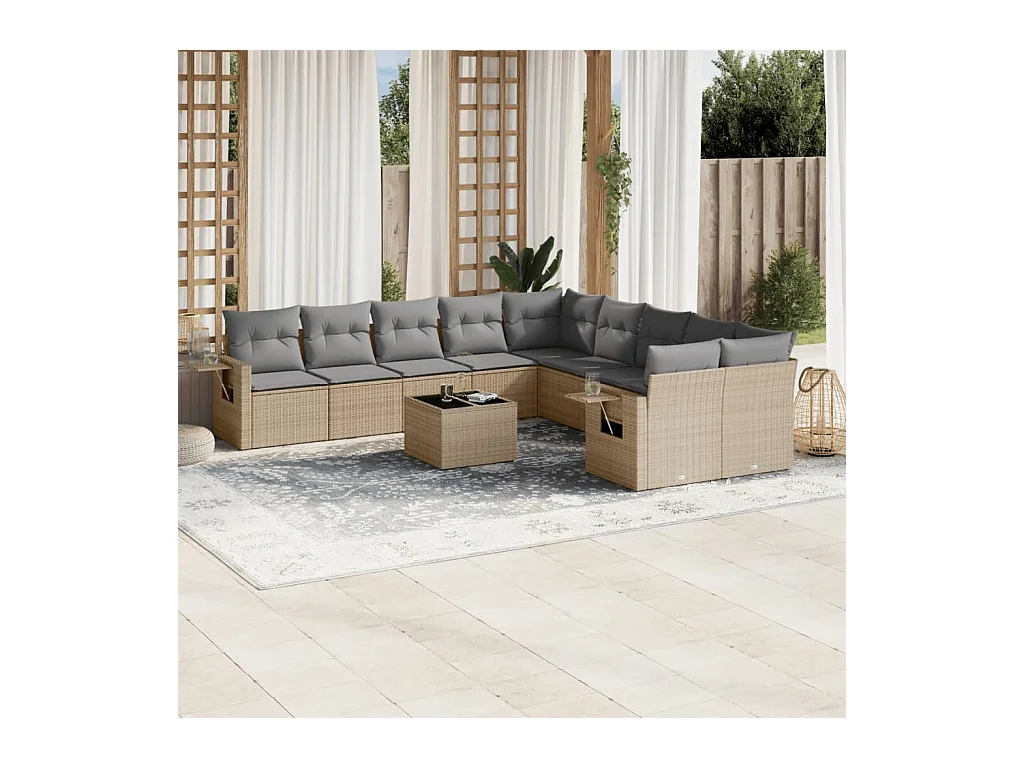 Salon de jardin 11 pcs avec coussins beige résine tressée