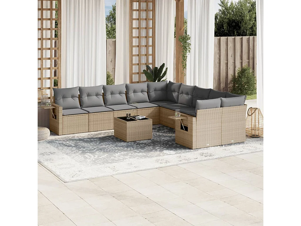 Salon de jardin 11 pcs avec coussins beige résine tressée