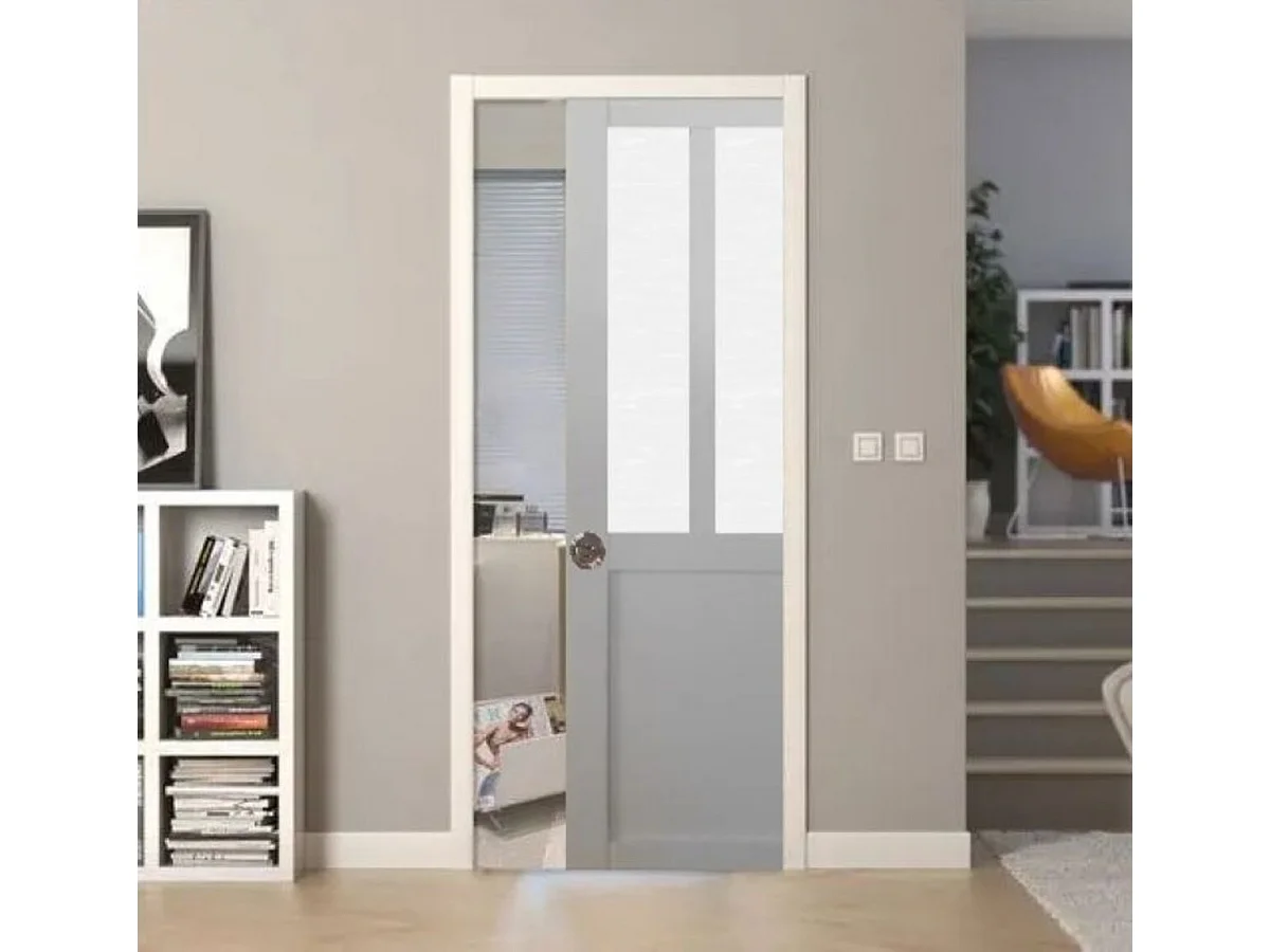 Puerta Corredera Taller Vidrio esmerilado blanco Al204 x L83 + Sistema de bolsillo y kit de acabado incluidos sin manilla