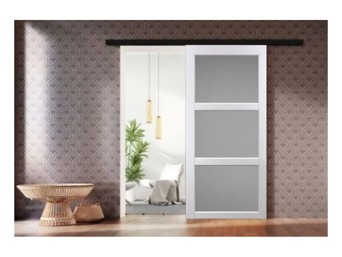 Porte Coulissante Kenya Blanc Vitree H204 X L93 + Rail Alu Bandeau Noir Gd Menuiseries