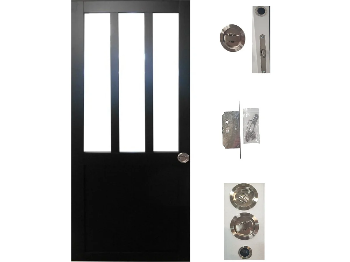 Porte Coulissante Atelier Noir H204 X L63 + Serrure à Condamnation Gd Menuiseries