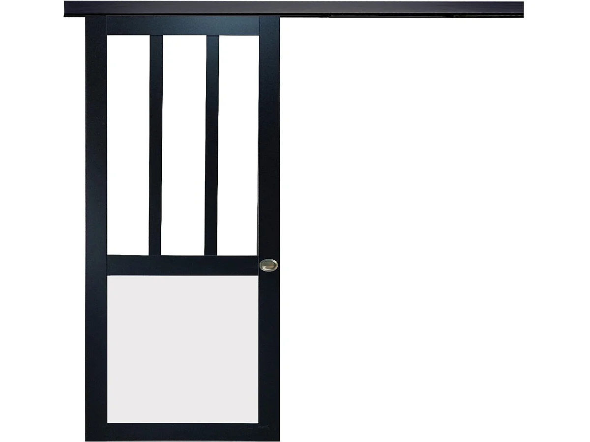 Puerta corredera de taller negra, con panel de vidrio blanco, H204 x L83 cm, riel de aluminio con banda negra, conchas de GD MENUISERIES