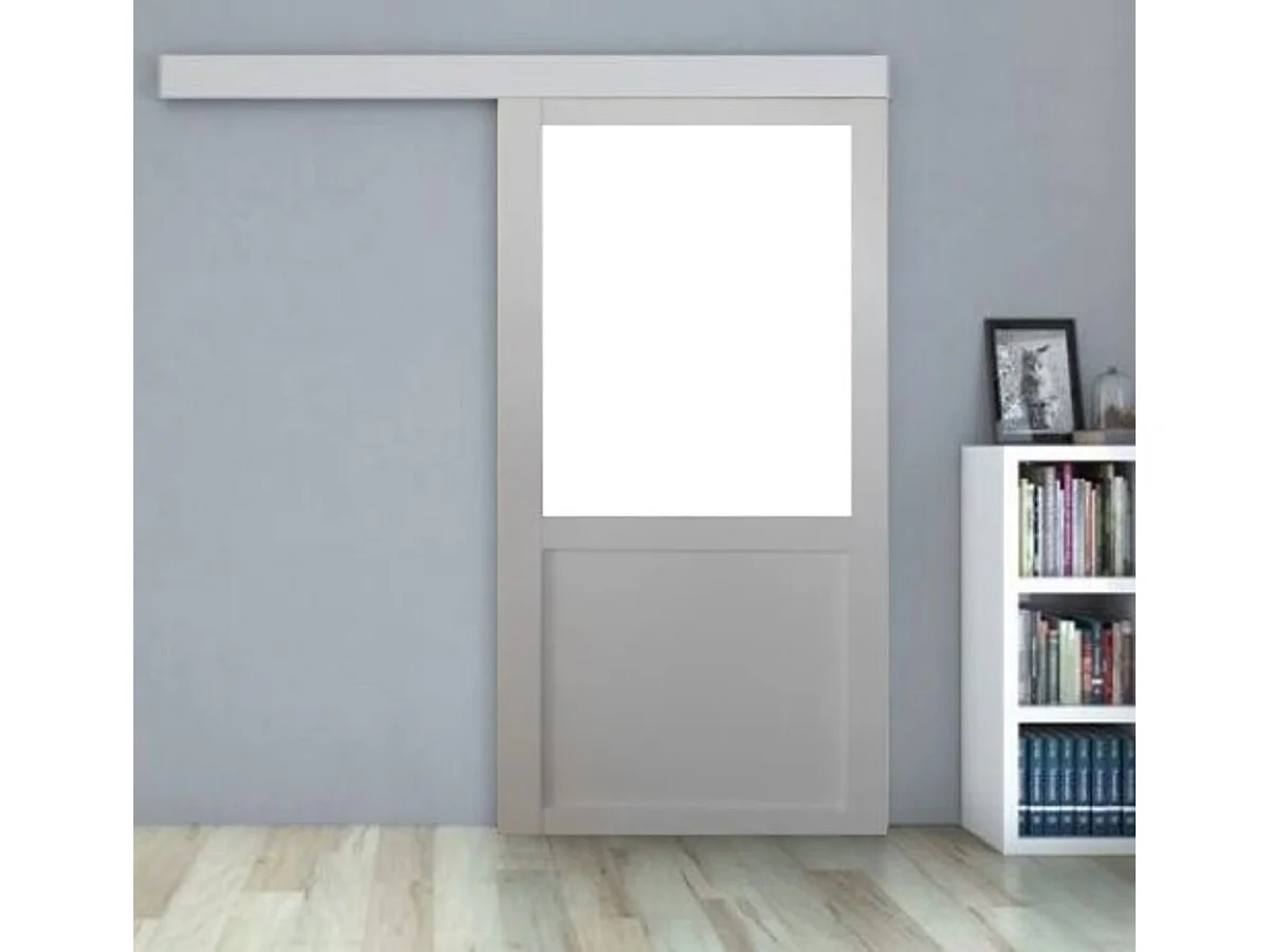 Porte Coulissante Atelier Blanc H204 X L93 Sans Meneau + Rail Alu Bandeau Blanc Gd Menuiseries