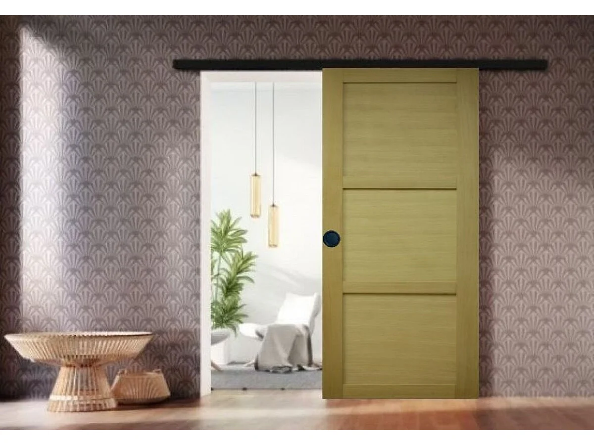 Porta Scorrevole Ayous in Legno 3 Ante H204 x L93 + Binario Alluminio Listello Nero e 2 Gusci Neri senza maniglia