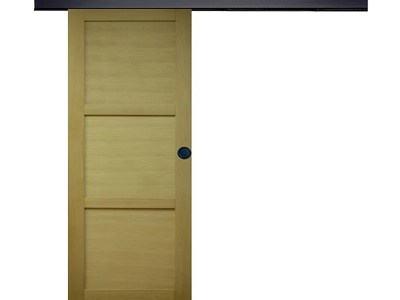 Ayous Puerta corrediza de madera 3 paneles H204 x L93 + riel de aluminio Tira negra y 2 carcasas negras sin manilla