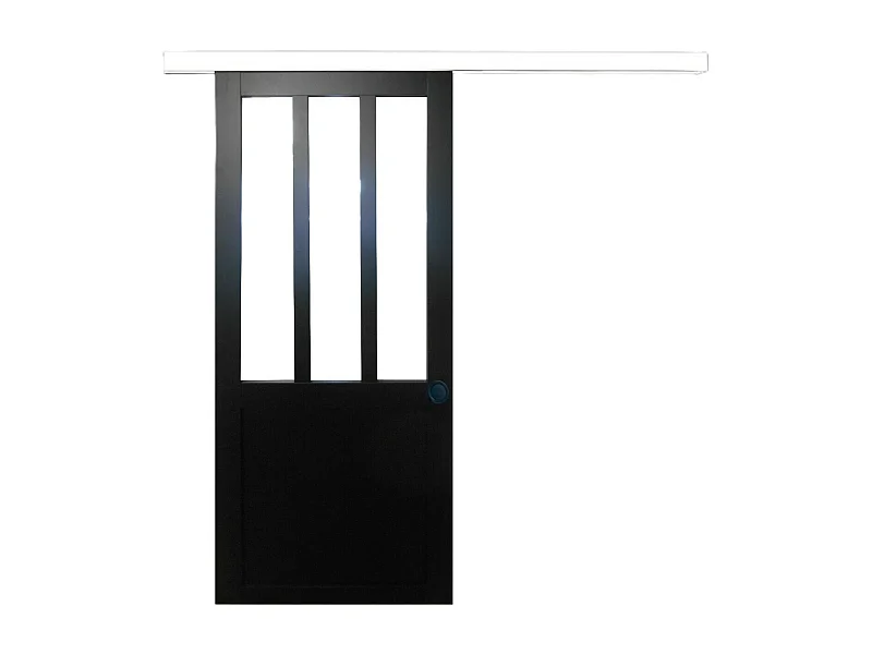 Porte Coulissante Atelier Noir H204 X L93 + Rail Alu Bandeau Blanc Et Coquilles Noir Gd Menuiseries