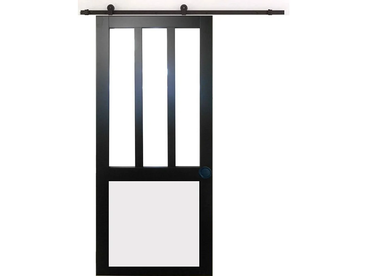Puerta corredera de taller negra, con cristal blanco, de H204 x L83 cm, con riel y rodillos, carcasa negra para GD MENUISERIES