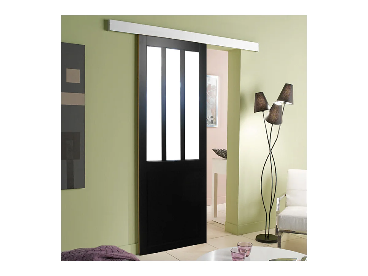 Porta Scorrevole Officina Vetro satinato nero H204 x L73 + Binario in Alluminio